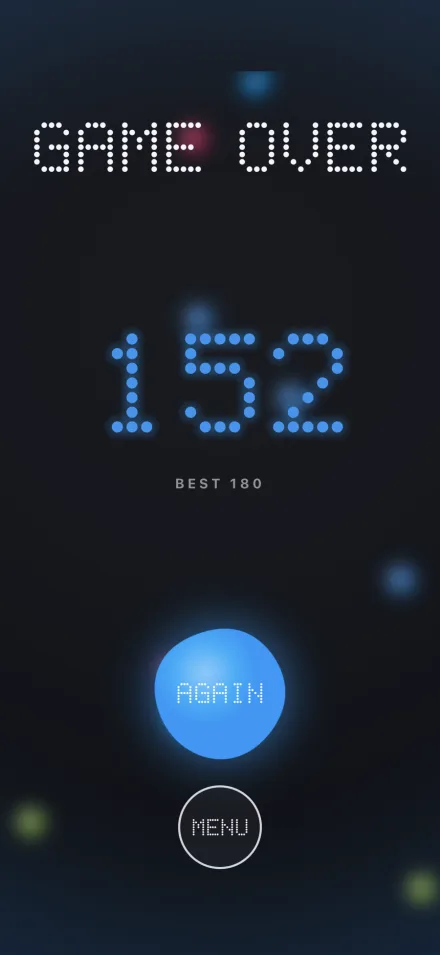 The game over screen with a score of 152 in blue dots, best 180, and buttons to play again or go to the menu.