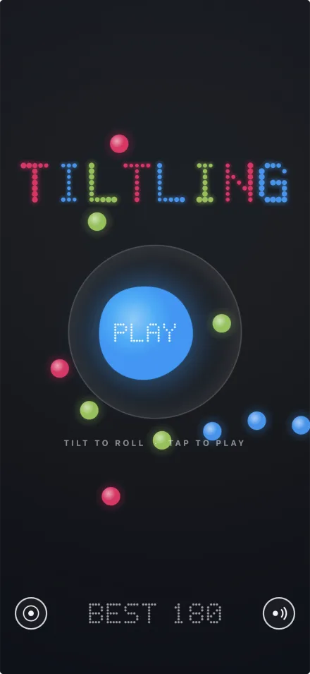 Tiltling's title screen: the name in pink, blue and green dots above a bowl holding a blue play button.